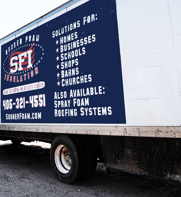 Side of Sooner Foam Insulation truck with services listed - Spray Foam Insulation